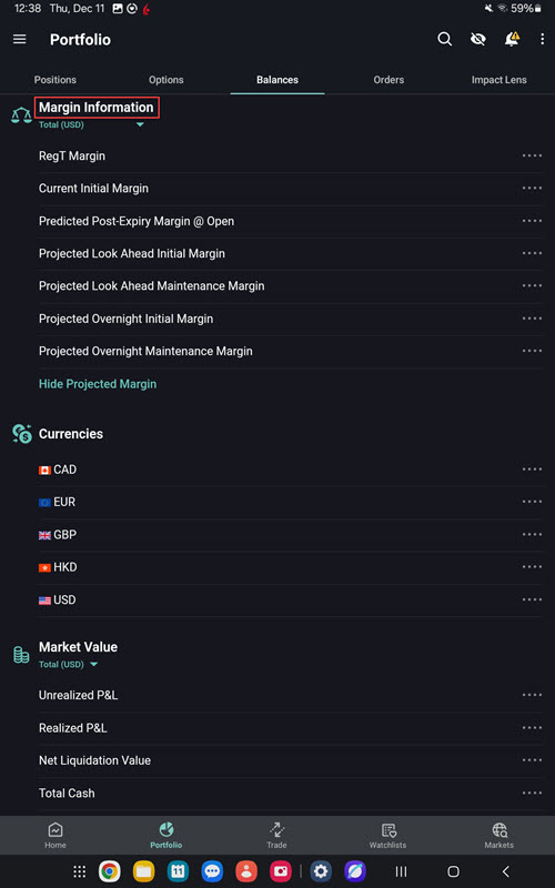 The margins section on the Android Tablet